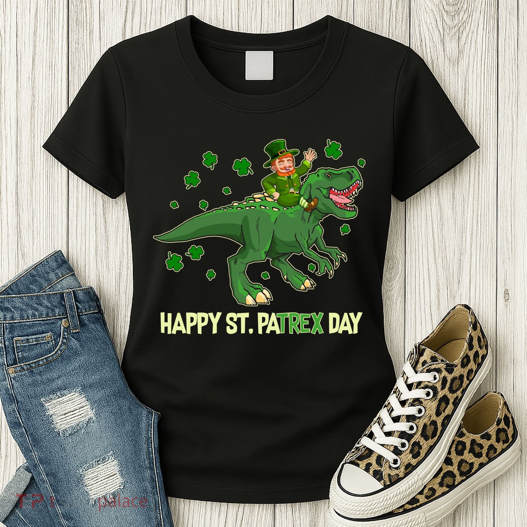 Happy St PaTREX Day Leprechaun Riding T-Rex Dinosaur Women's T-Shirt