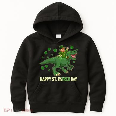 Happy St PaTREX Day Leprechaun Riding T-Rex Dinosaur Kids Hoodie