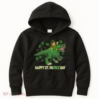 Happy St PaTREX Day Leprechaun Riding T-Rex Dinosaur Kids Hoodie thumb 0