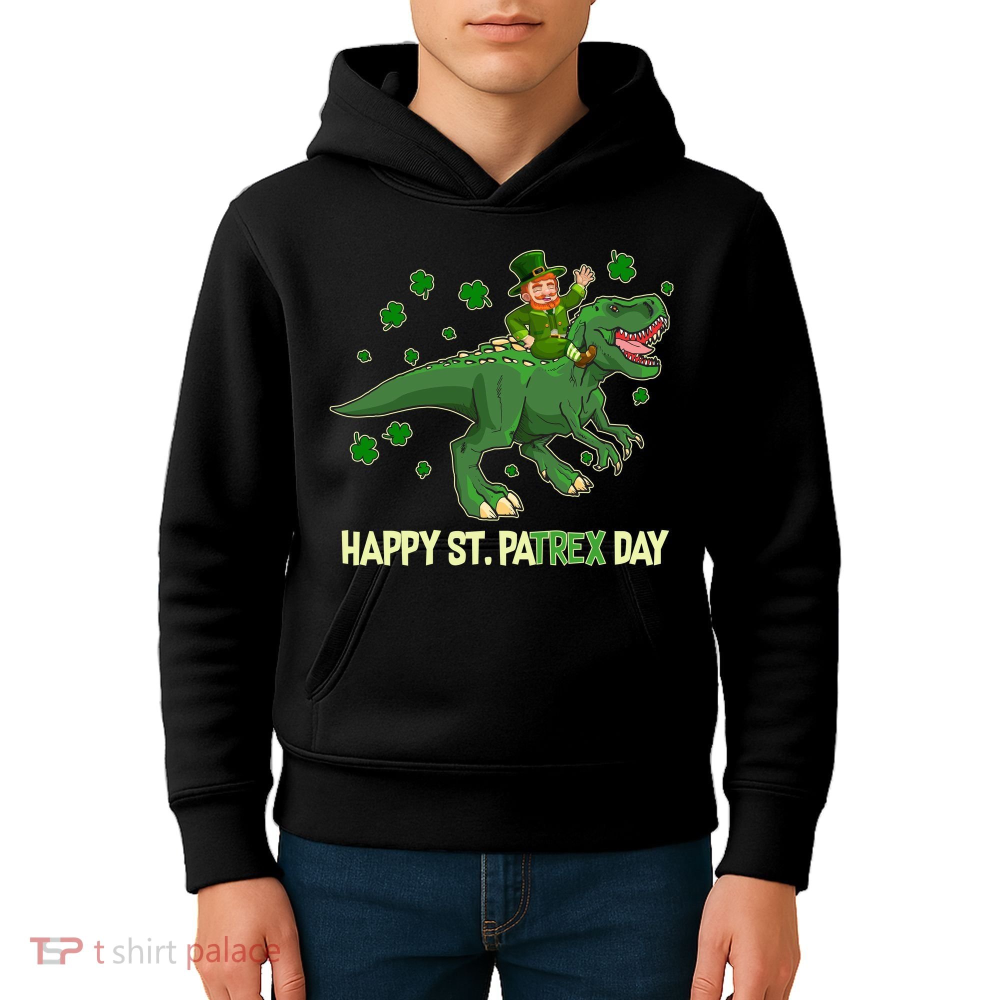 Happy St PaTREX Day Leprechaun Riding T-Rex Dinosaur Kids Hoodie