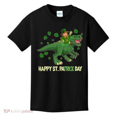 Happy St PaTREX Day Leprechaun Riding T-Rex Dinosaur Kids T-Shirt