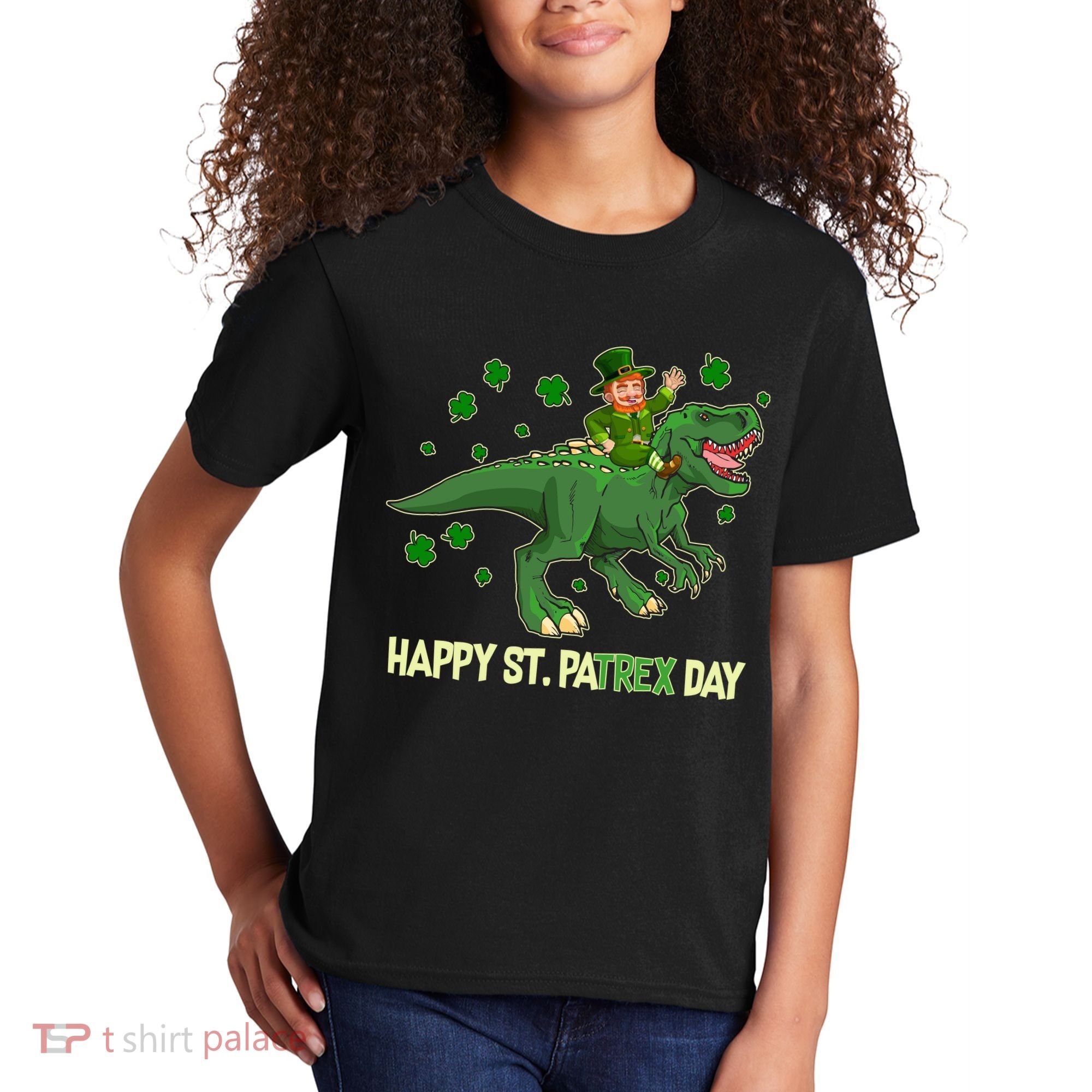 Happy St PaTREX Day Leprechaun Riding T-Rex Dinosaur Kids T-Shirt