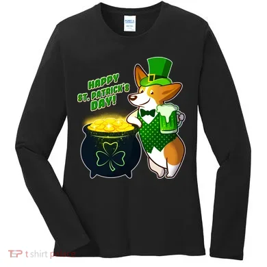 Happy St Patrick's Day Corgi Women's Long Sleeve Shirt