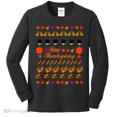 Happy Thanksgiving Turkey Ugly Sweater Kids Long Sleeve Shirt
