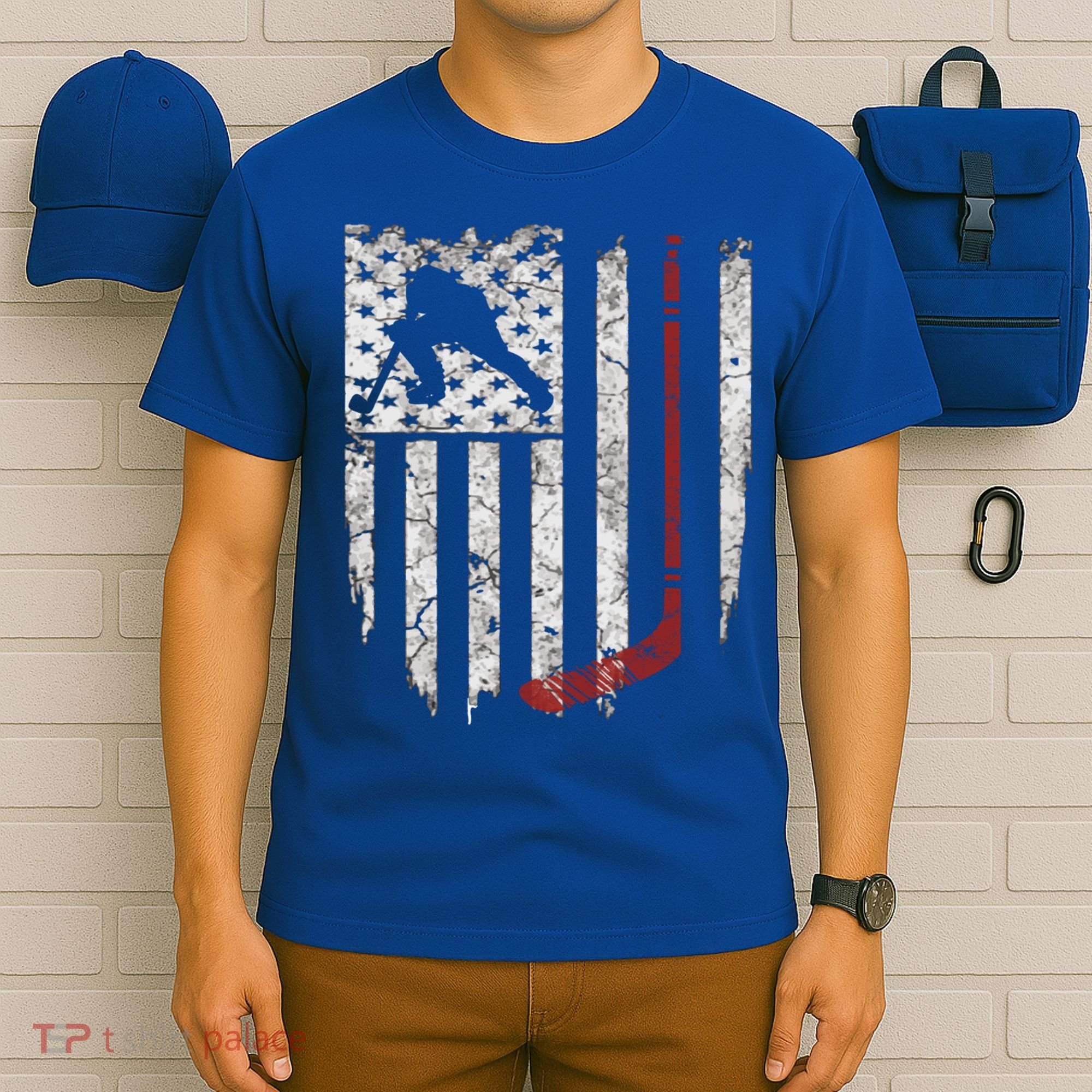 Hockey American Usa Flag Gift Mens Tee Gift T-Shirt