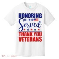 Honoring All Who Served Thank You Veterans Kids T-Shirt thumb 0