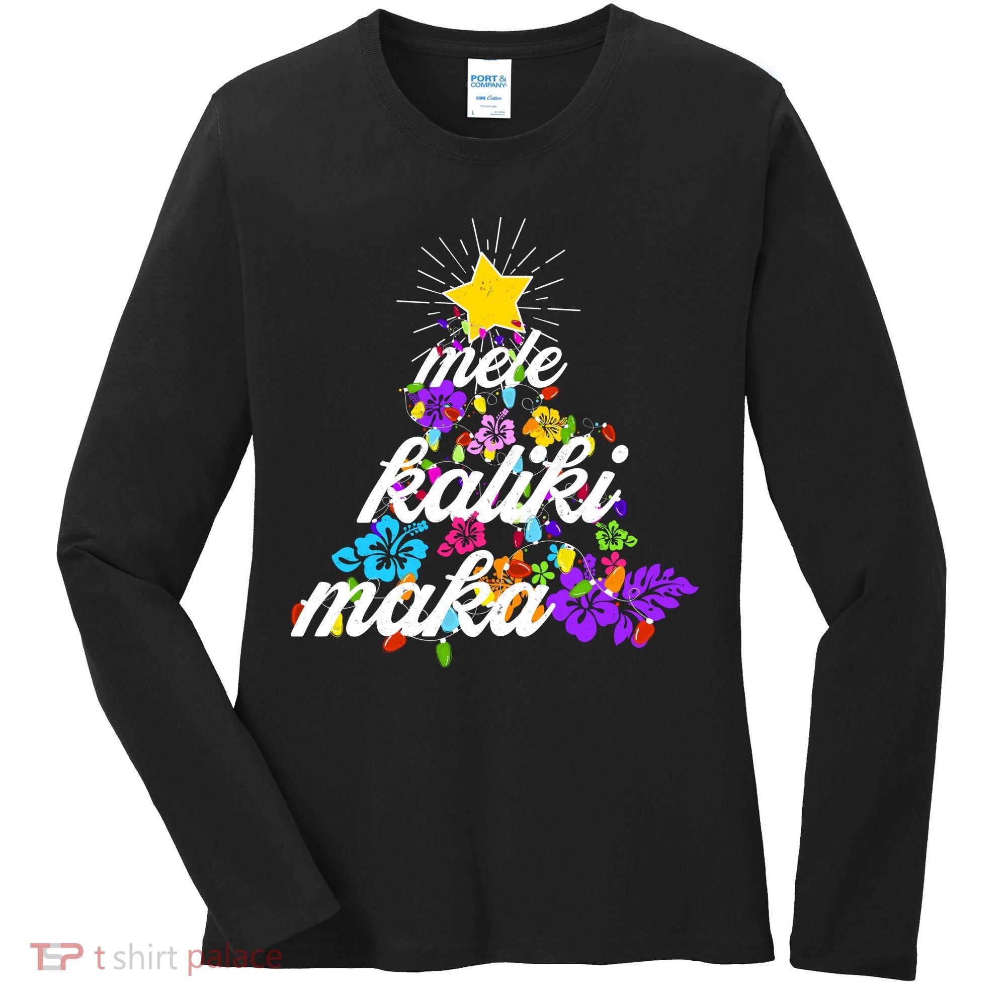 Hawaiian Mele Kaliki Maka Christmas Tree Women's Long Sleeve Shirt
