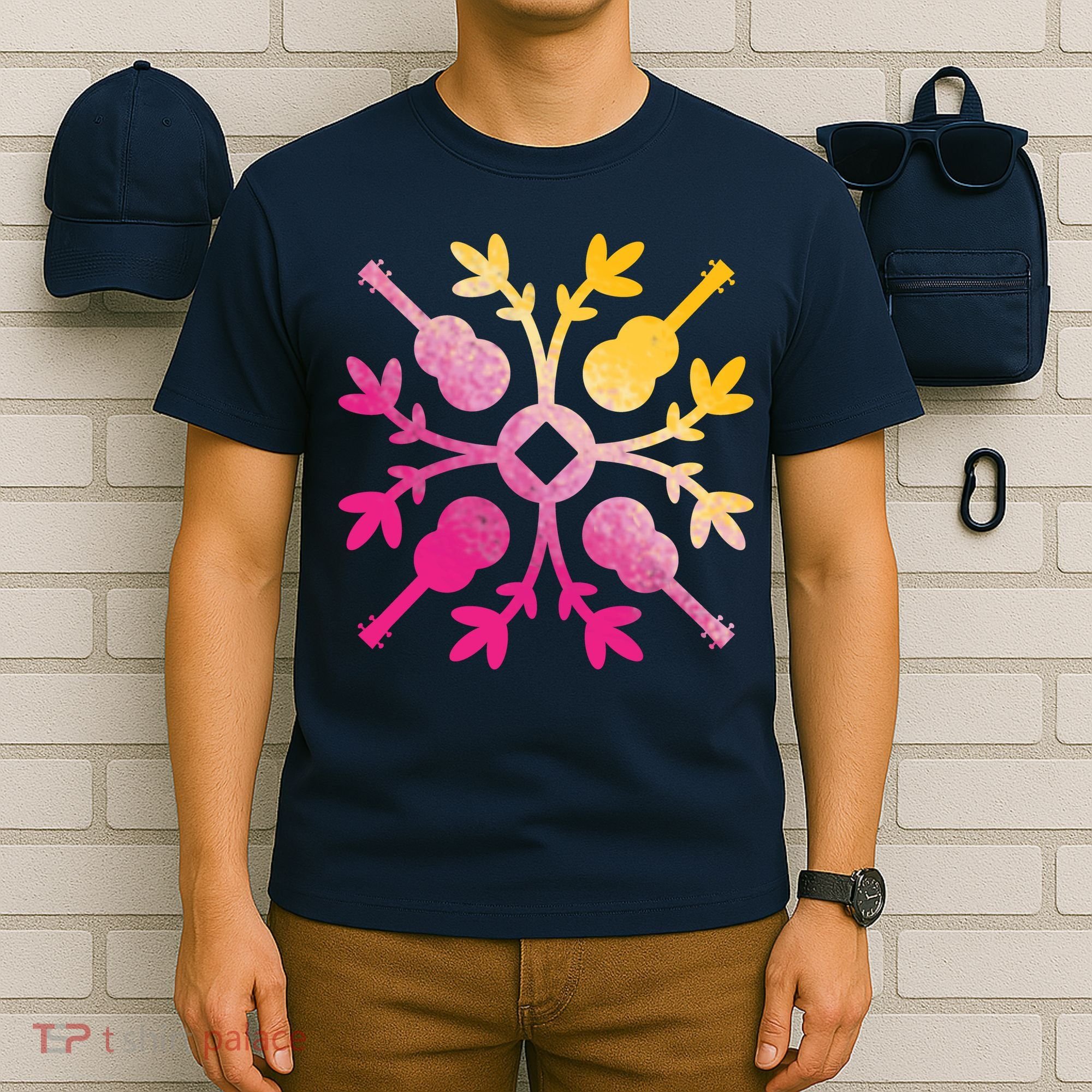 Hawaiian Mele Music Quilt Tribal Tattoo Ukulele T-Shirt
