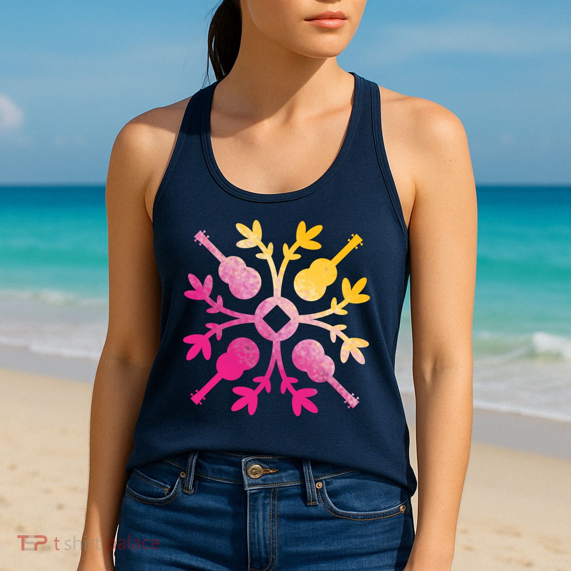 Hawaiian Mele Music Quilt Tribal Tattoo Ukulele Women's Tank Top
