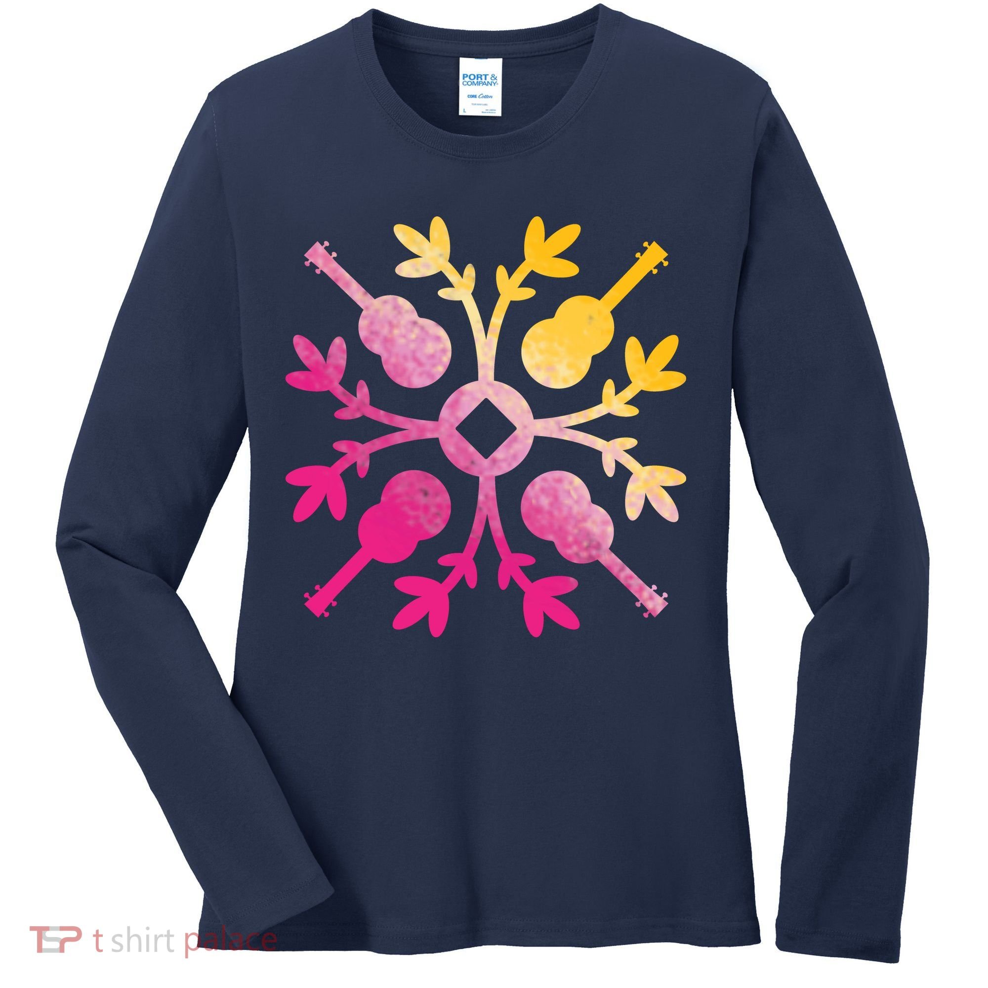 Hawaiian Mele Music Quilt Tribal Tattoo Ukulele Women's Long Sleeve Shirt