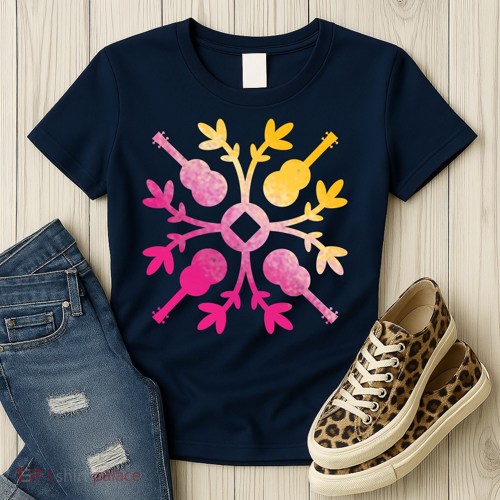 Hawaiian Mele Music Quilt Tribal Tattoo Ukulele Women's T-Shirt