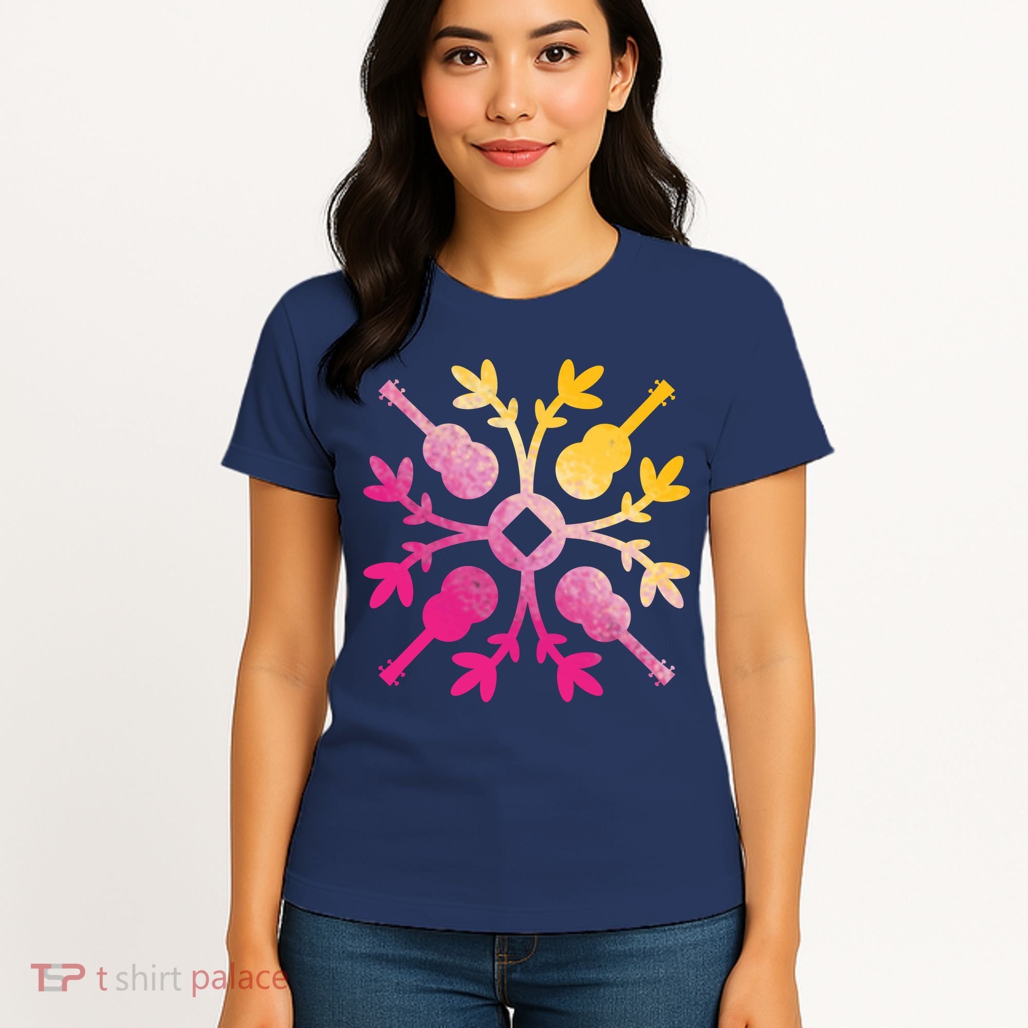 Hawaiian Mele Music Quilt Tribal Tattoo Ukulele Women's T-Shirt
