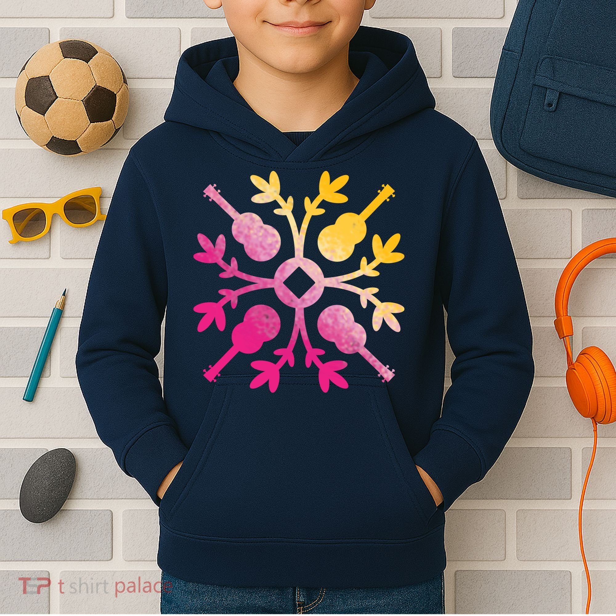 Hawaiian Mele Music Quilt Tribal Tattoo Ukulele Kids Hoodie