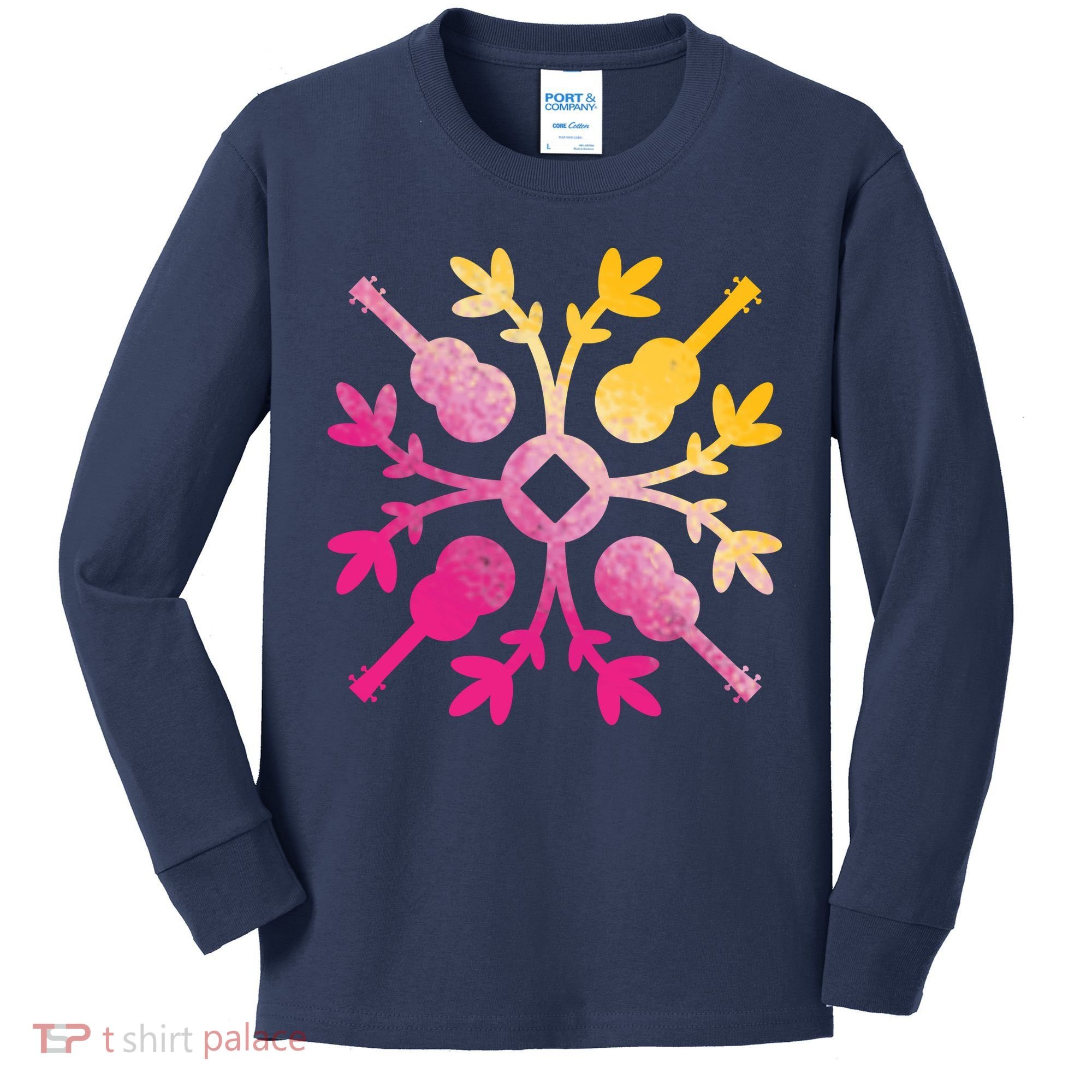 Hawaiian Mele Music Quilt Tribal Tattoo Ukulele Kids Long Sleeve Shirt