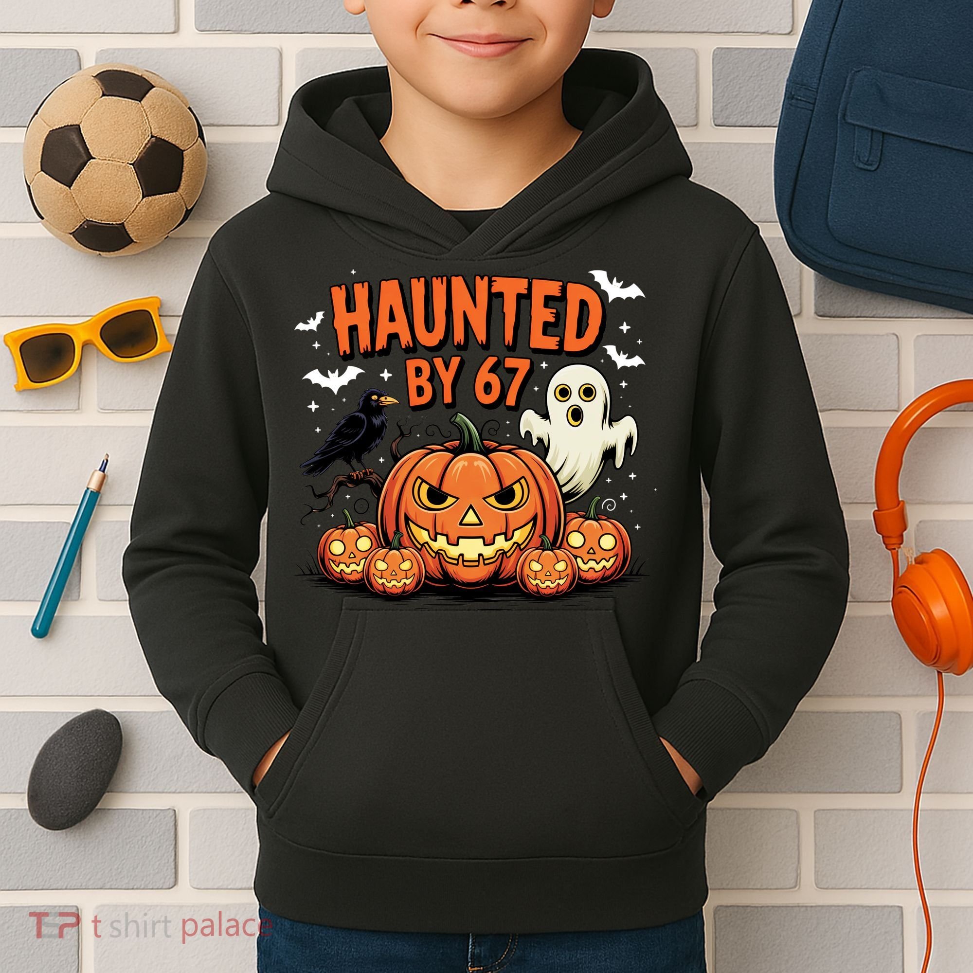 Haunted By 67 Funny Ghost Pumpkin Halloween Costume Kids Hoodie
