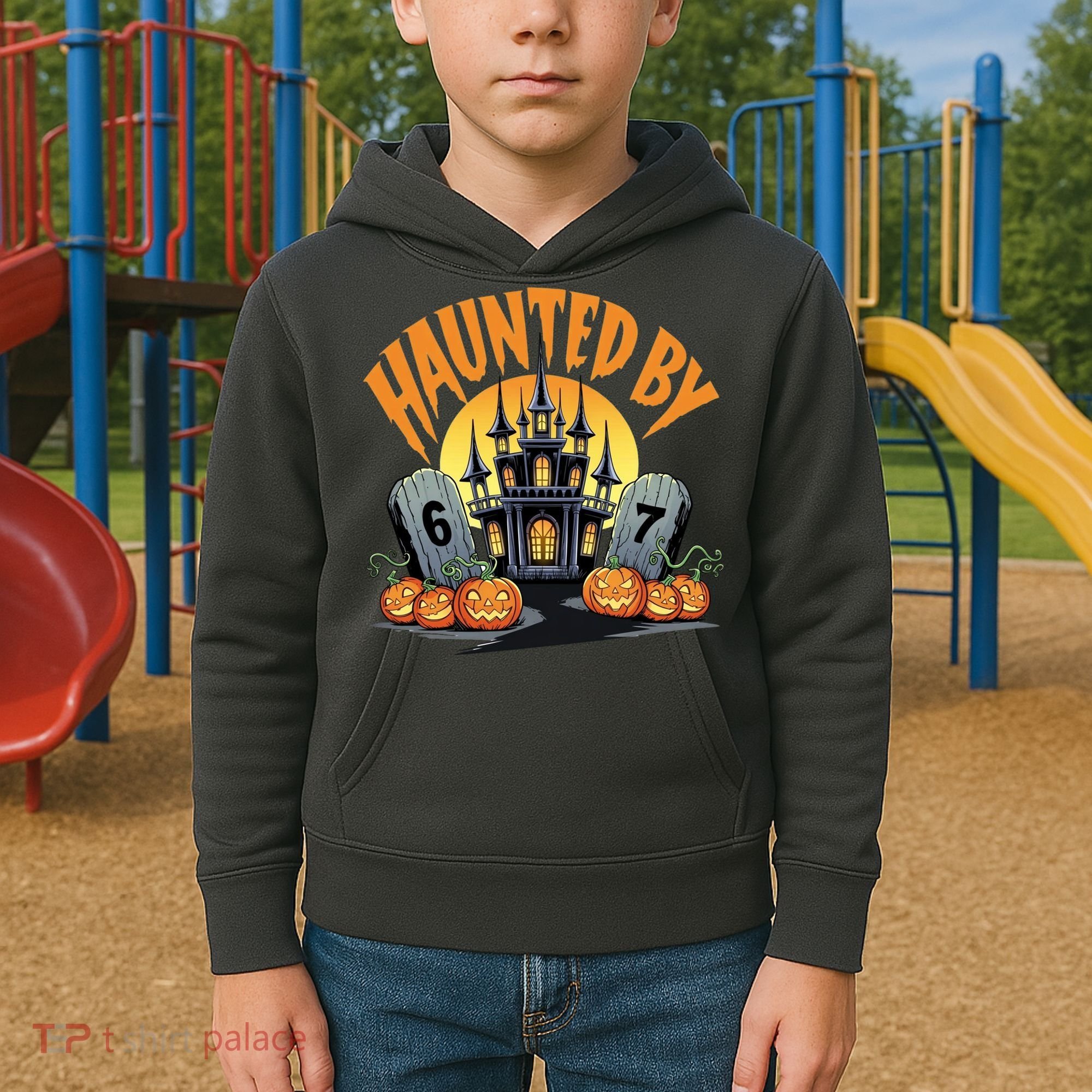 Haunted By 67 Funny Haunted By 6-7 Halloween Kids Hoodie