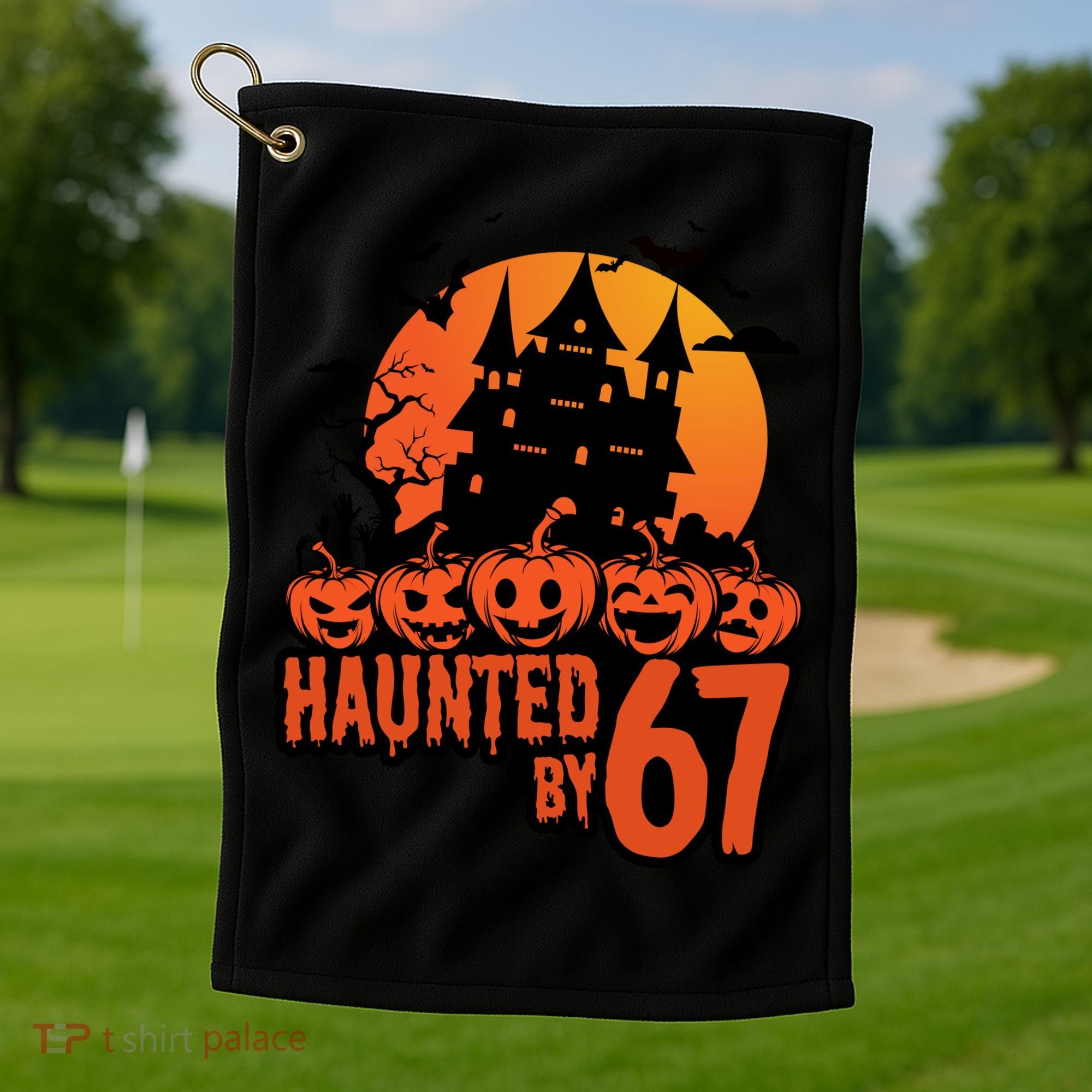 Haunted By 67 Halloween 6-7 Spooky Meme Funny Golf Towel