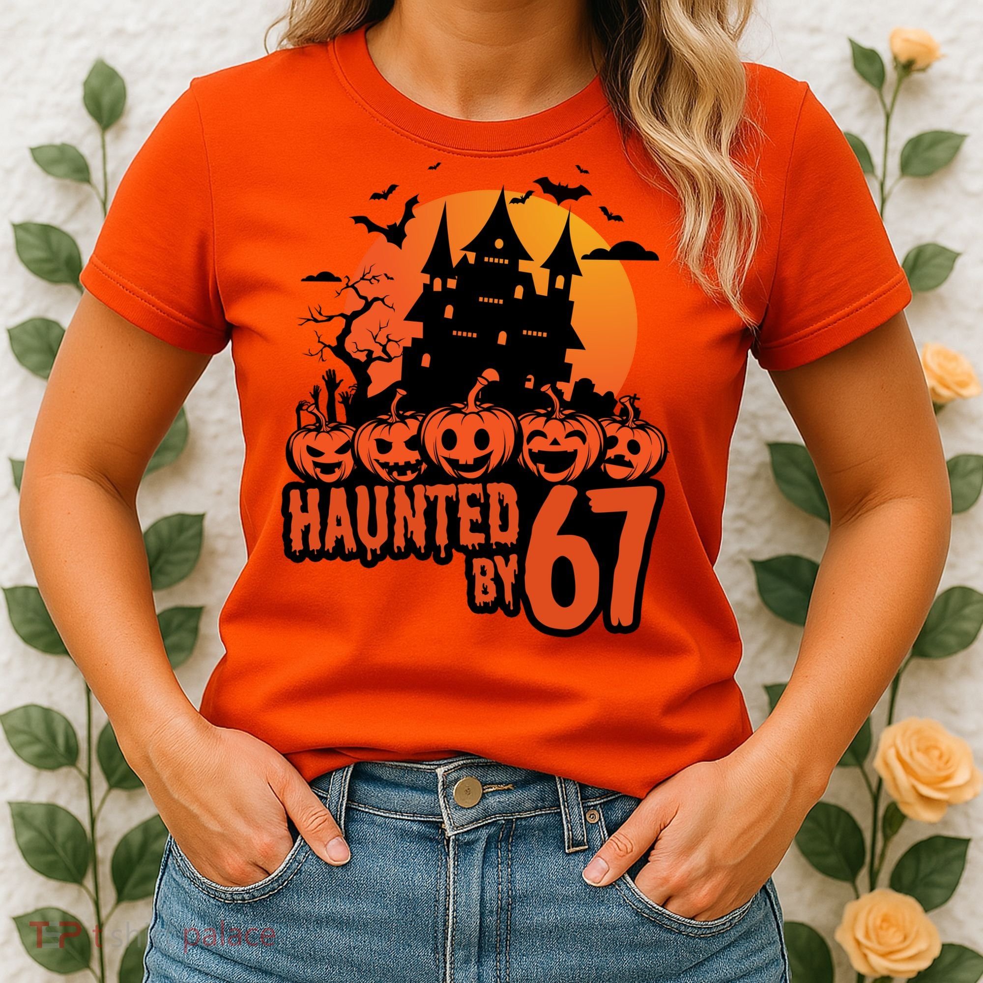 Haunted By 67 Halloween 6-7 Spooky Meme Funny Women's T-Shirt