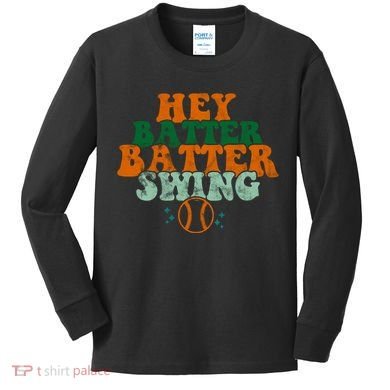 Hey Batter Batter Swing Baseball Retro Kids Long Sleeve Shirt