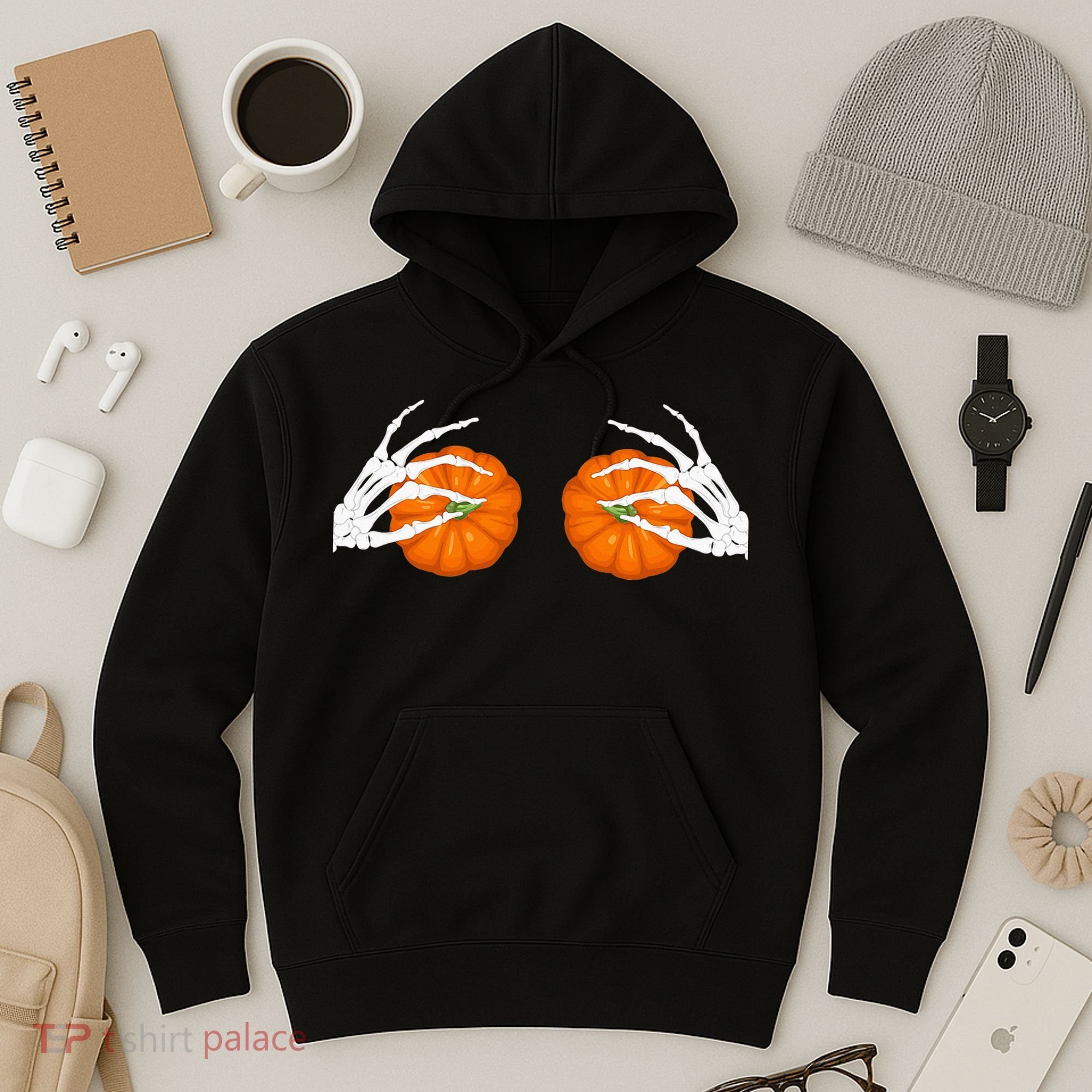 Halloween Bikini Boob Pumpkin Skeleton Hand On Breast Hoodie