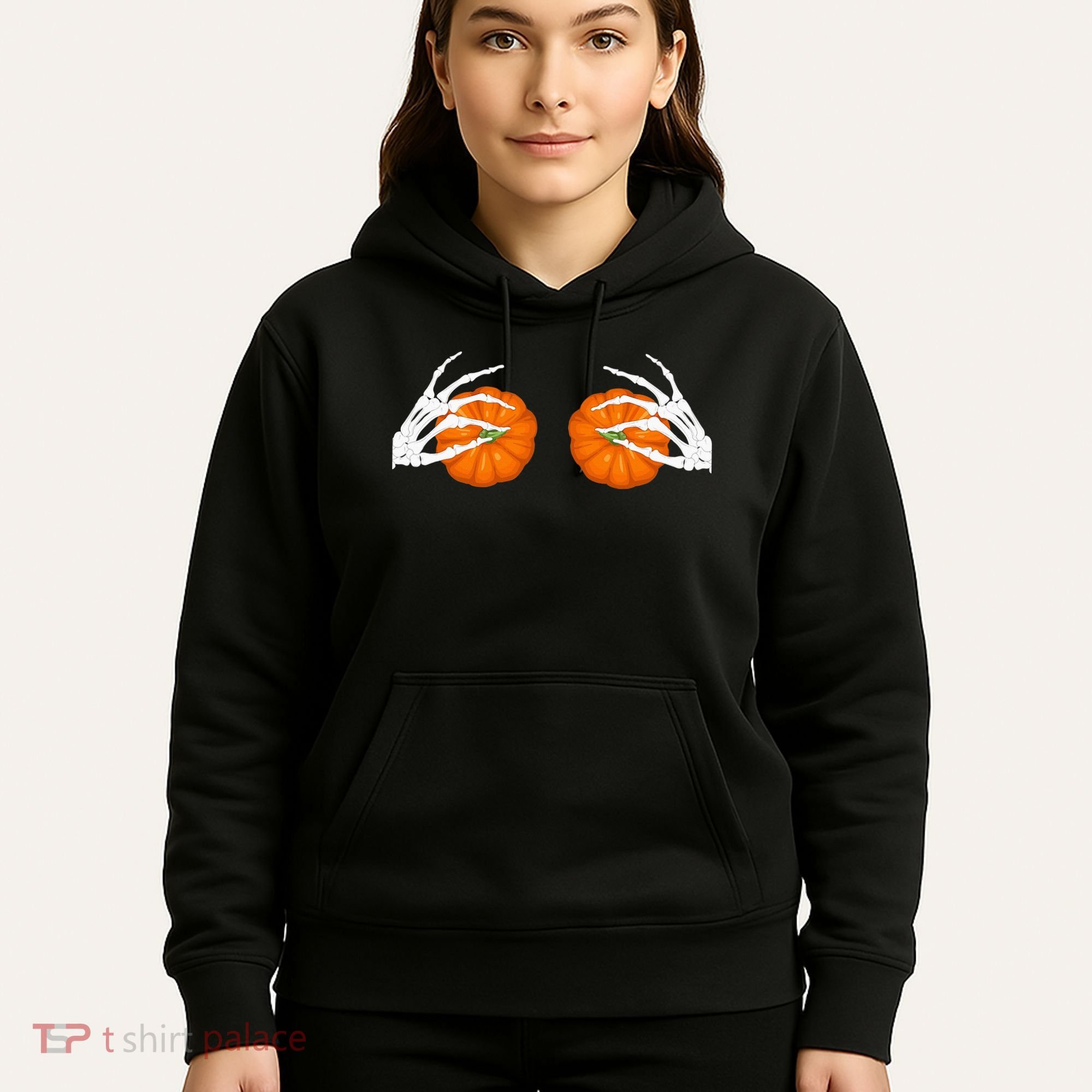 Halloween Bikini Boob Pumpkin Skeleton Hand On Breast Hoodie