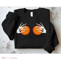 Halloween Bikini Boob Pumpkin Skeleton Hand On Breast Sweatshirt thumb 2