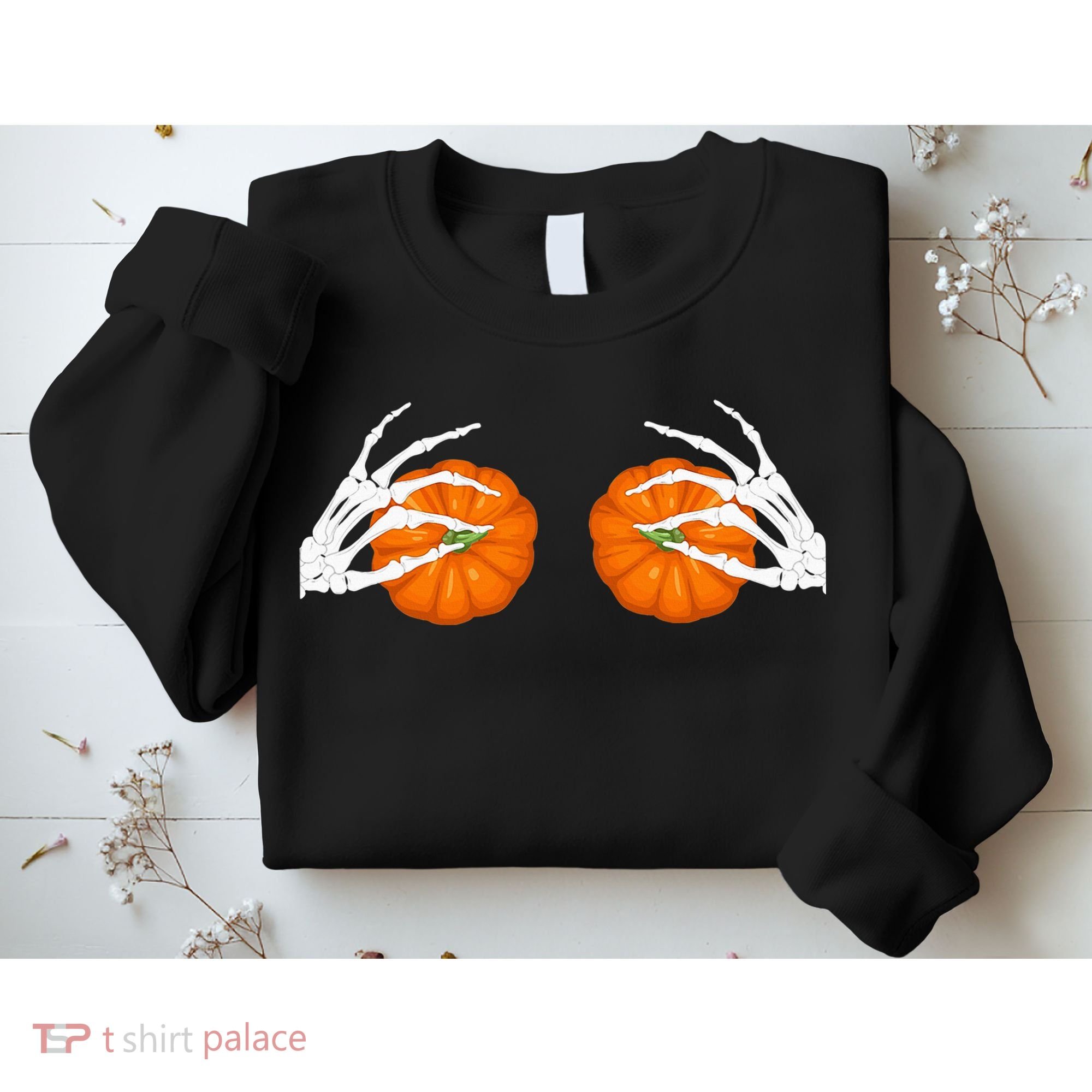 Halloween Bikini Boob Pumpkin Skeleton Hand On Breast Sweatshirt
