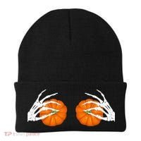 Halloween Bikini Boob Pumpkin Skeleton Hand On Breast Beanie thumb 0