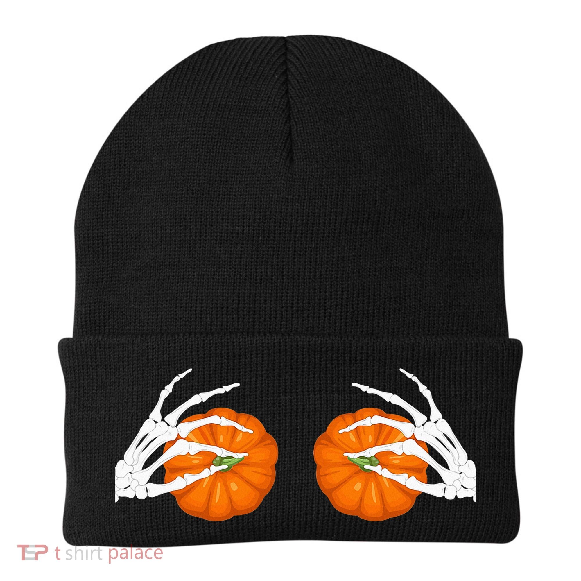 Halloween Bikini Boob Pumpkin Skeleton Hand On Breast Beanie