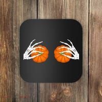 Halloween Bikini Boob Pumpkin Skeleton Hand On Breast Coaster thumb 0