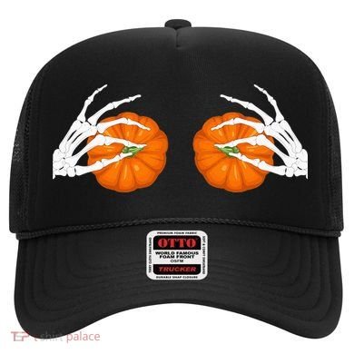 Halloween Bikini Boob Pumpkin Skeleton Hand On Breast Hat
