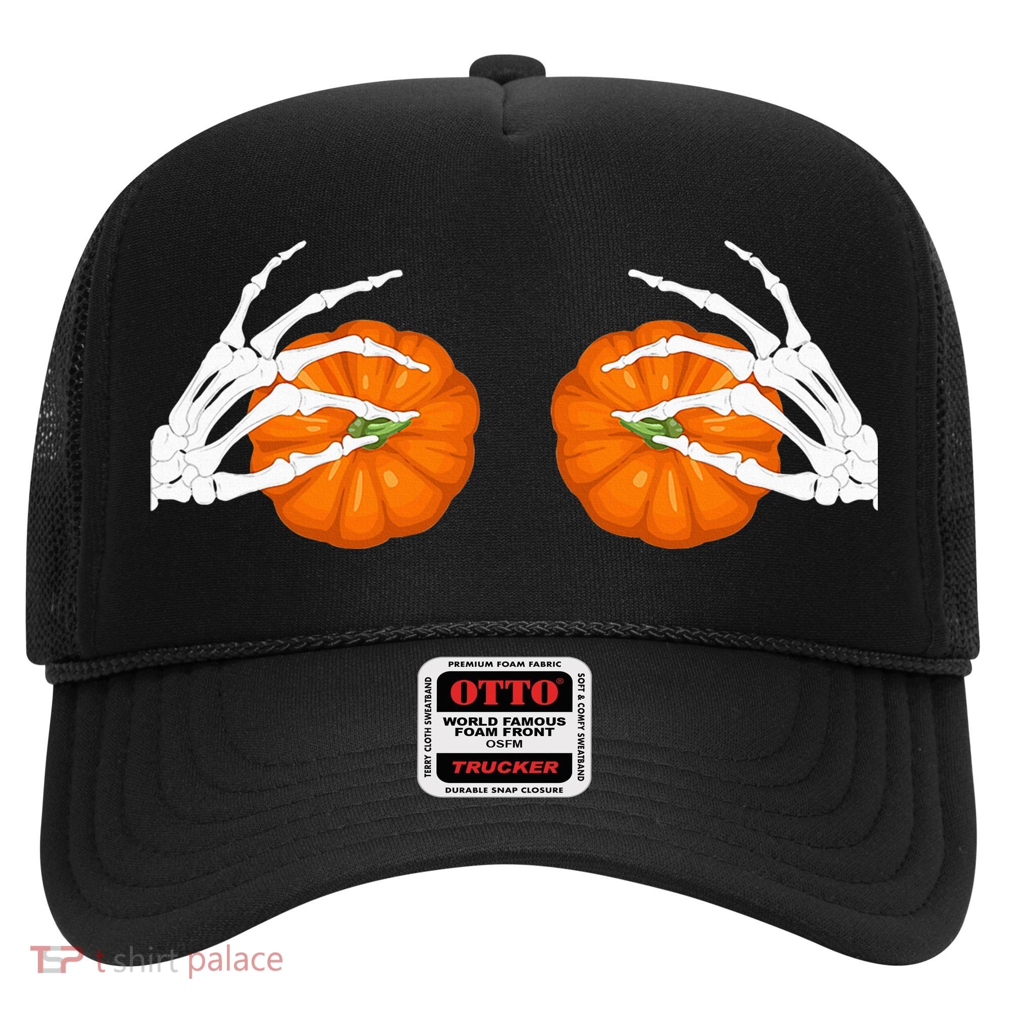 Halloween Bikini Boob Pumpkin Skeleton Hand On Breast Hat