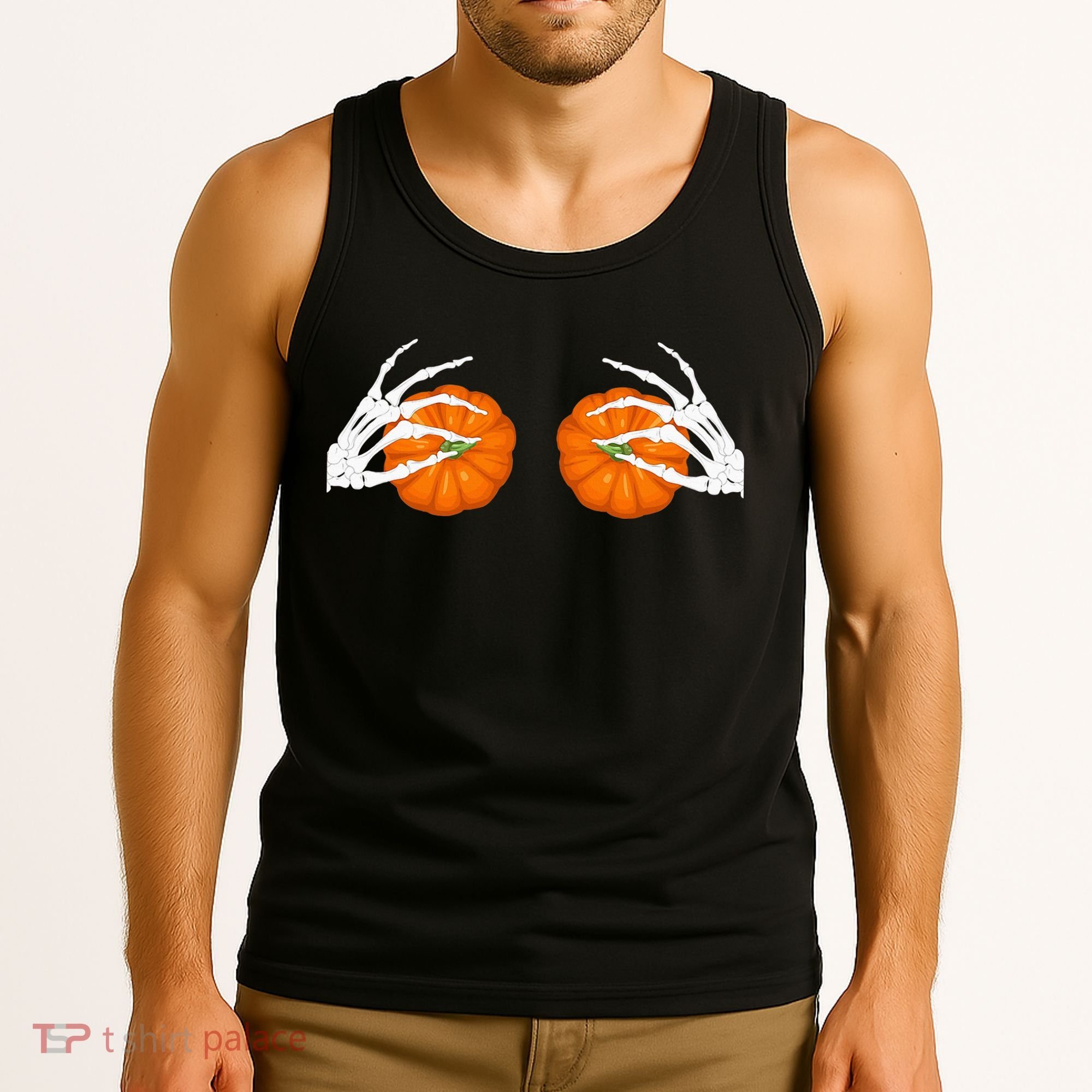 Halloween Bikini Boob Pumpkin Skeleton Hand On Breast Tank Top