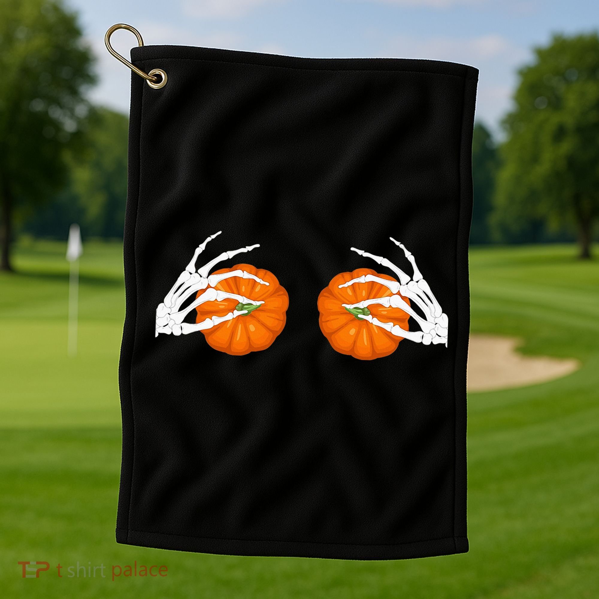 Halloween Bikini Boob Pumpkin Skeleton Hand On Breast Golf Towel