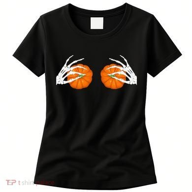Halloween Bikini Boob Pumpkin Skeleton Hand On Breast Women's T-Shirt