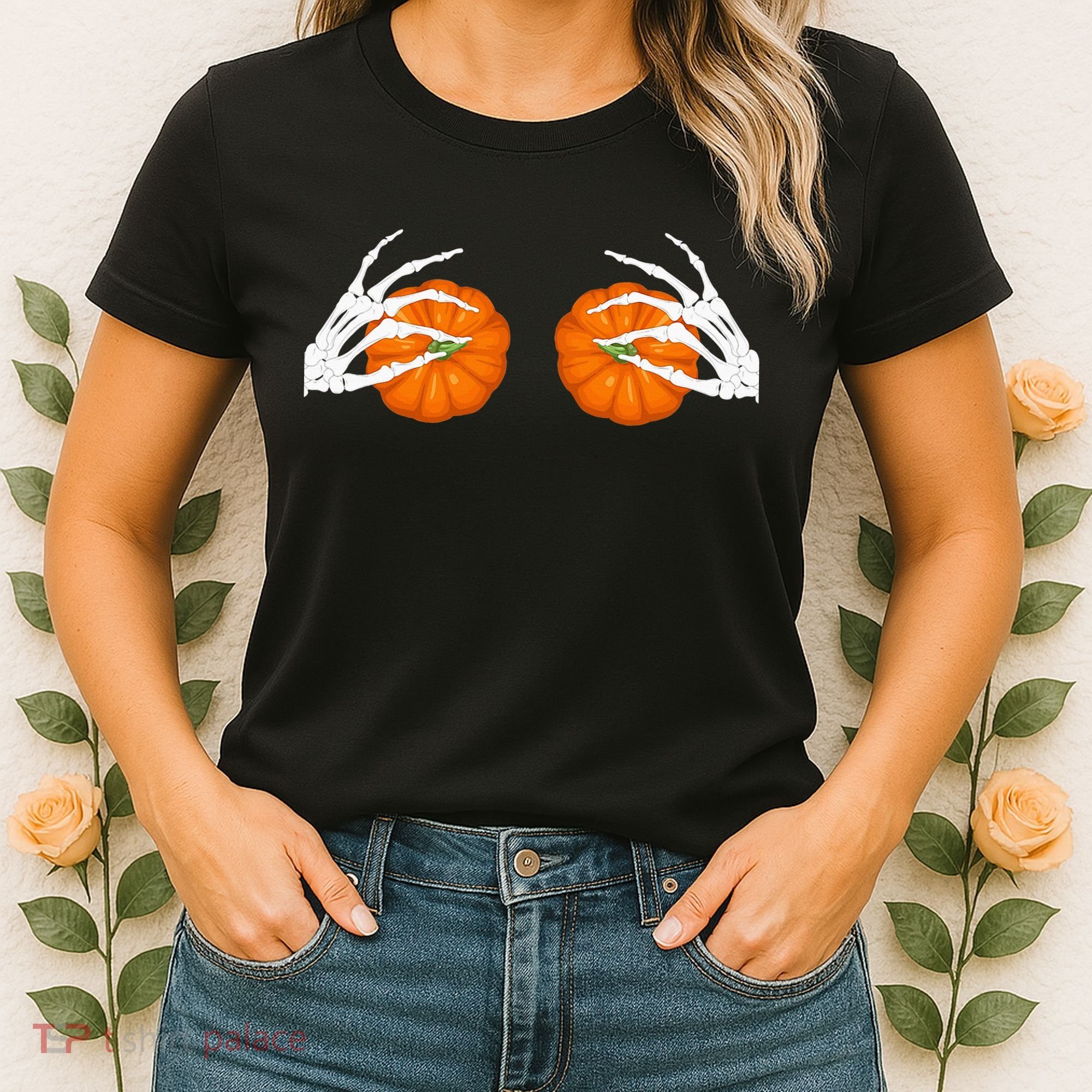 Halloween Bikini Boob Pumpkin Skeleton Hand On Breast Women's T-Shirt