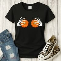 Halloween Bikini Boob Pumpkin Skeleton Hand On Breast Women's T-Shirt thumb 3