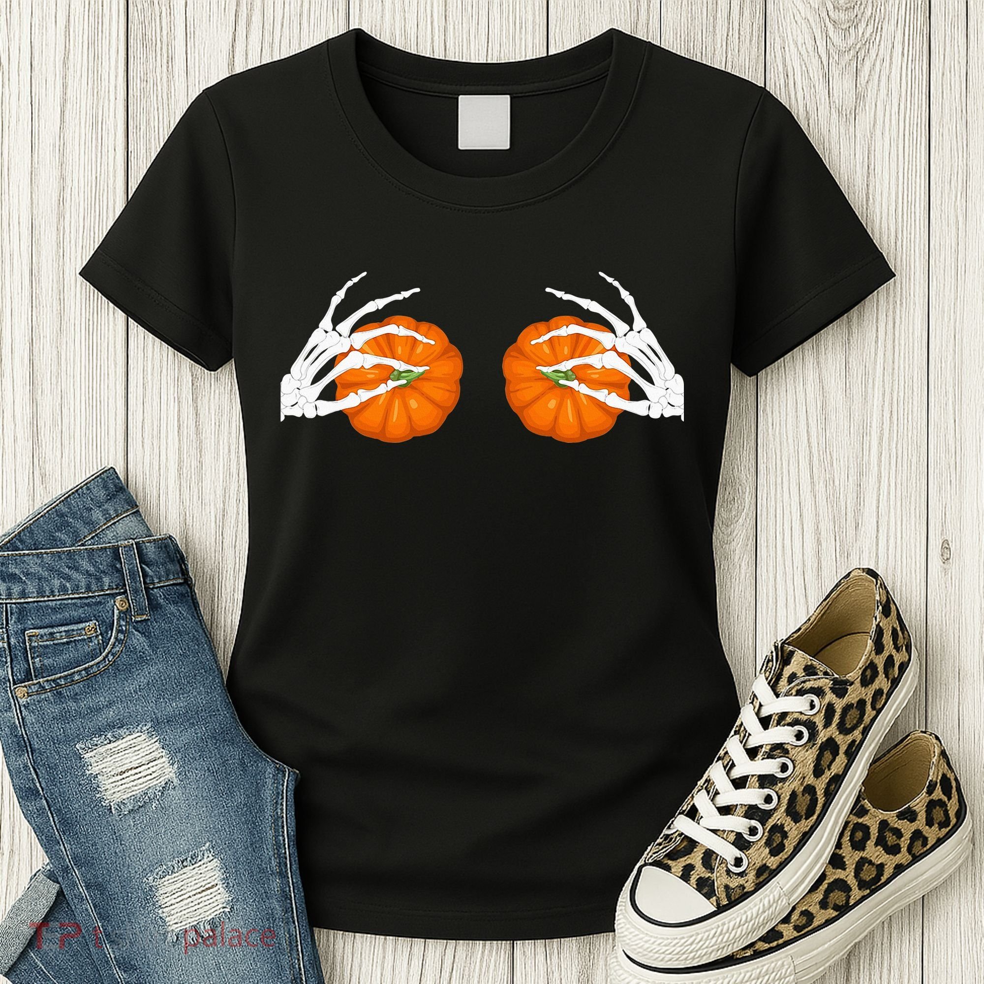 Halloween Bikini Boob Pumpkin Skeleton Hand On Breast Women's T-Shirt