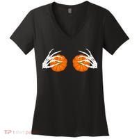 Halloween Bikini Boob Pumpkin Skeleton Hand On Breast Women's V-Neck T-Shirt thumb 0