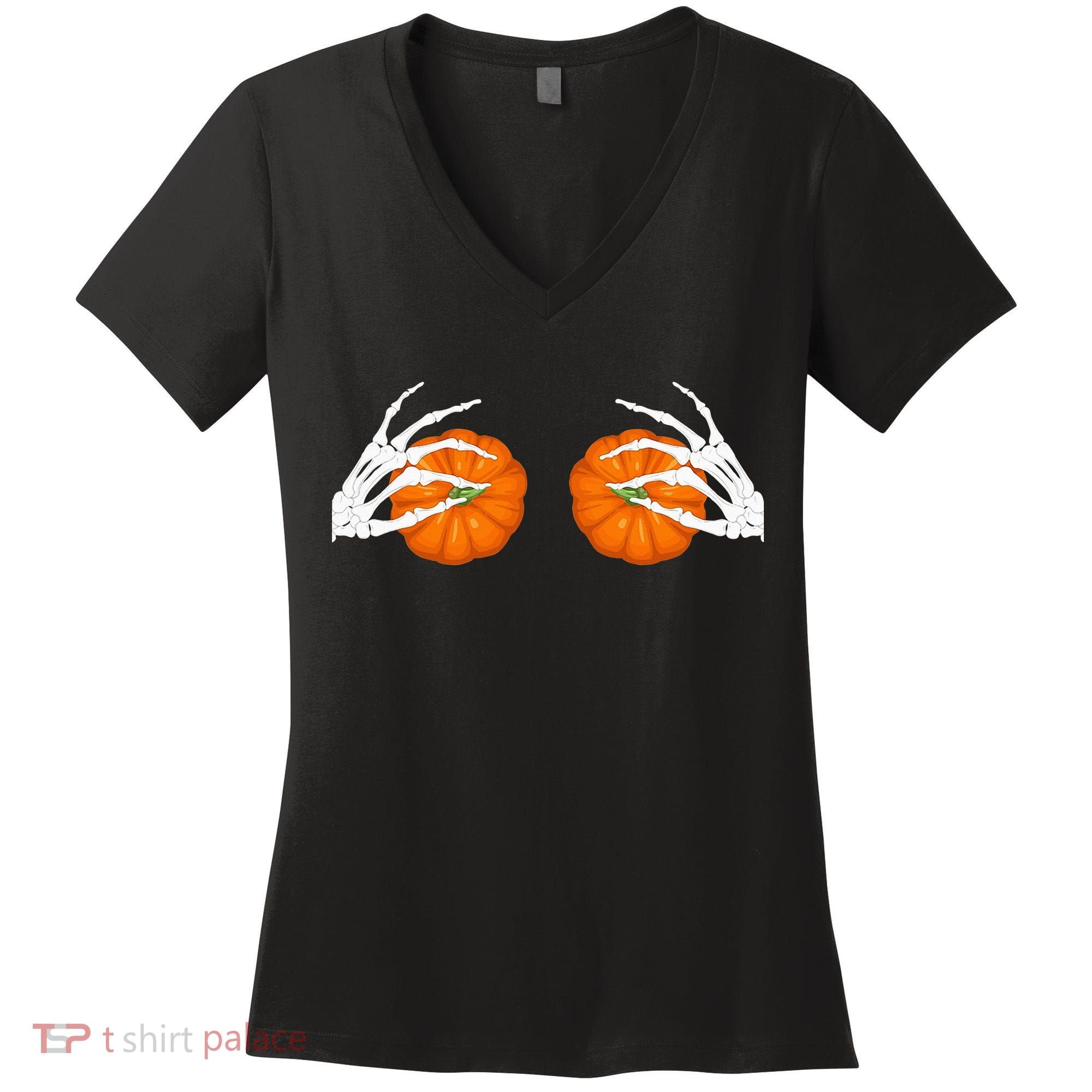 Halloween Bikini Boob Pumpkin Skeleton Hand On Breast Women's V-Neck T-Shirt