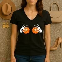 Halloween Bikini Boob Pumpkin Skeleton Hand On Breast Women's V-Neck T-Shirt thumb 3