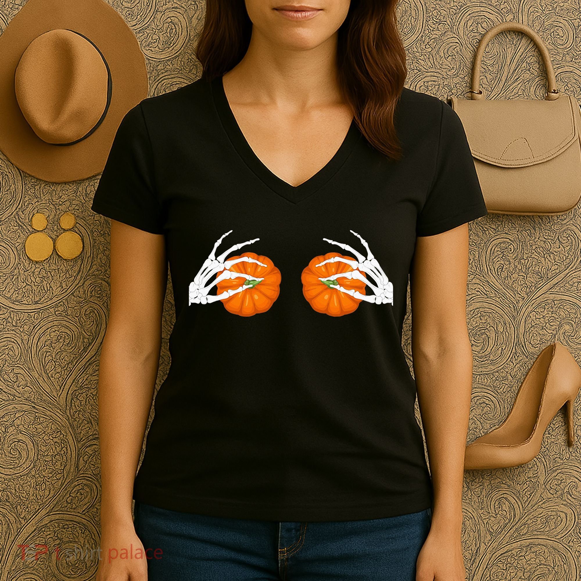 Halloween Bikini Boob Pumpkin Skeleton Hand On Breast Women's V-Neck T-Shirt