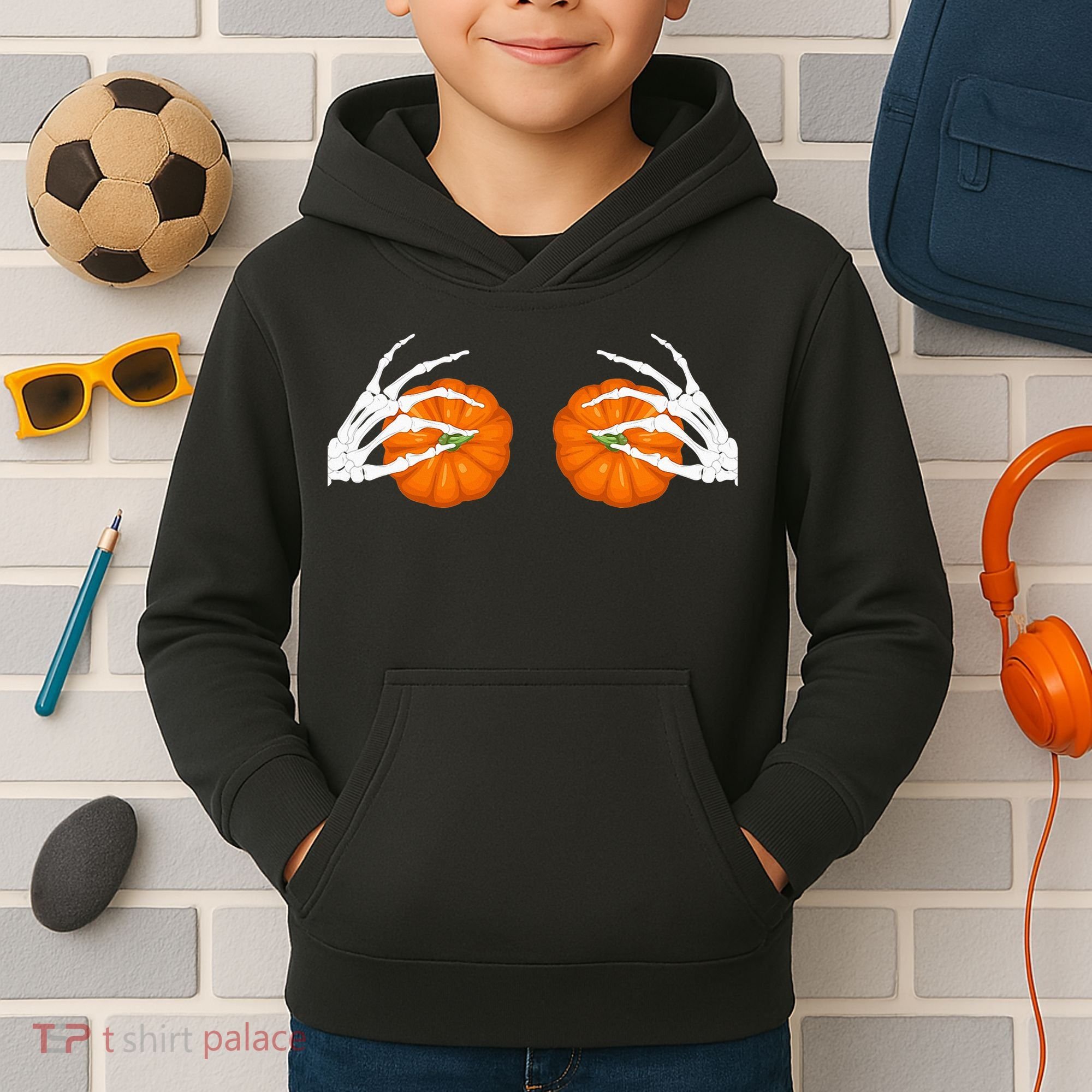 Halloween Bikini Boob Pumpkin Skeleton Hand On Breast Kids Hoodie