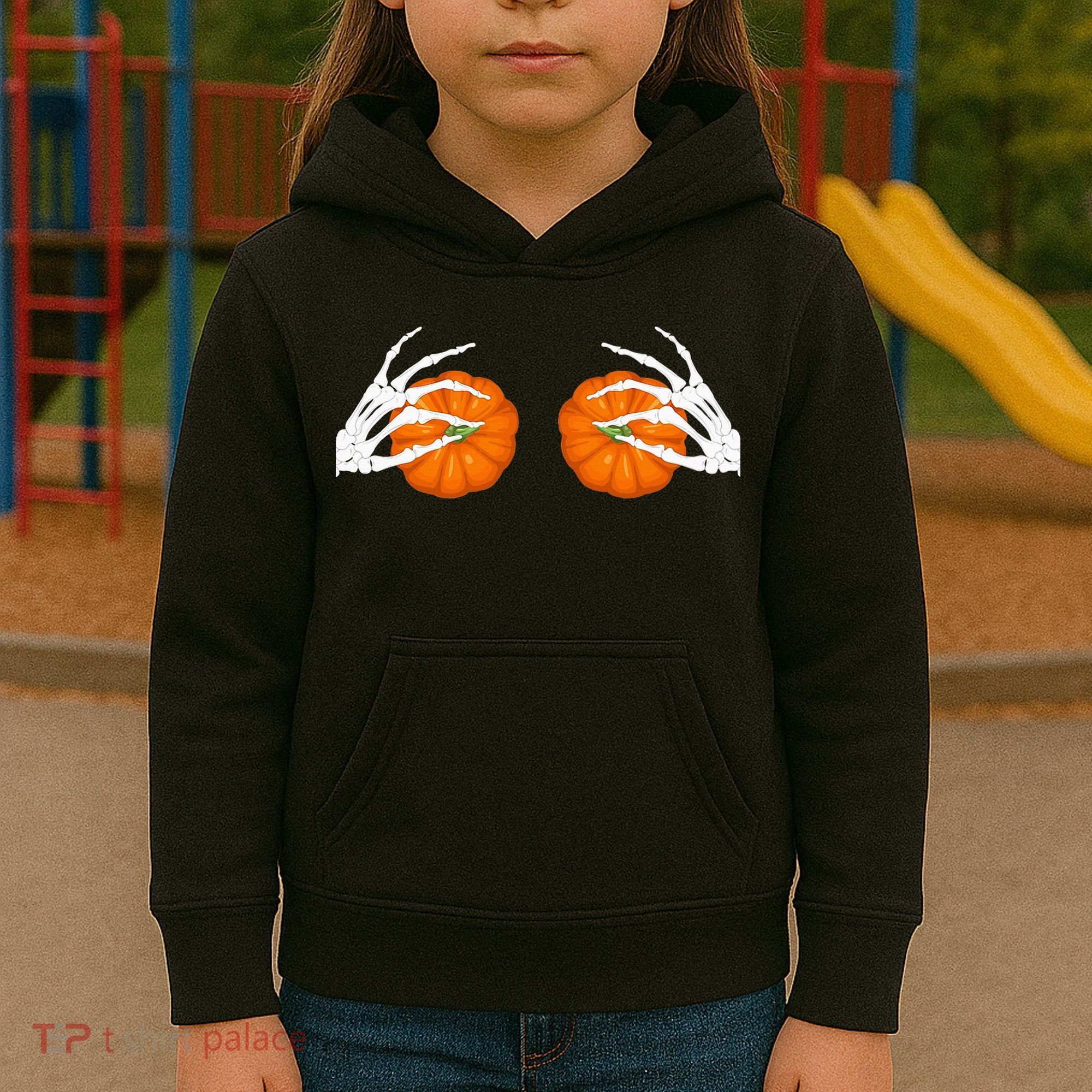 Halloween Bikini Boob Pumpkin Skeleton Hand On Breast Kids Hoodie