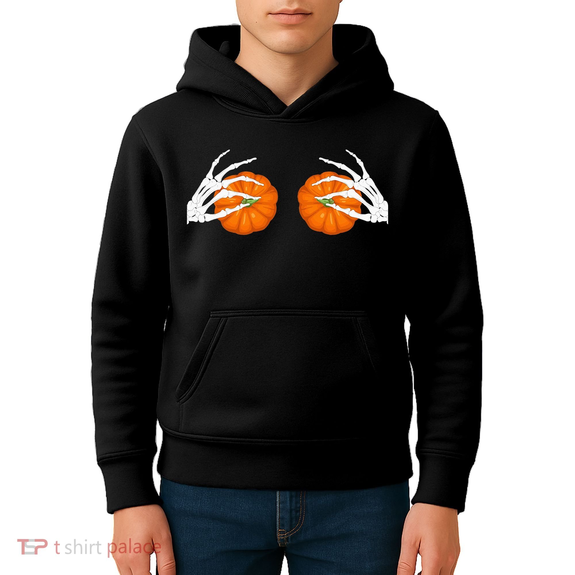 Halloween Bikini Boob Pumpkin Skeleton Hand On Breast Kids Hoodie