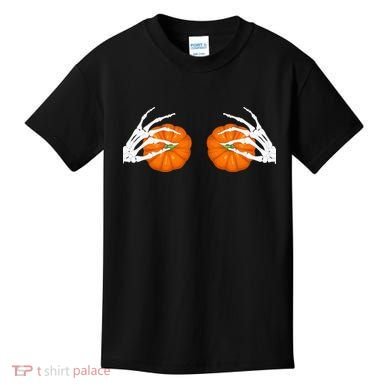 Halloween Bikini Boob Pumpkin Skeleton Hand On Breast Kids T-Shirt