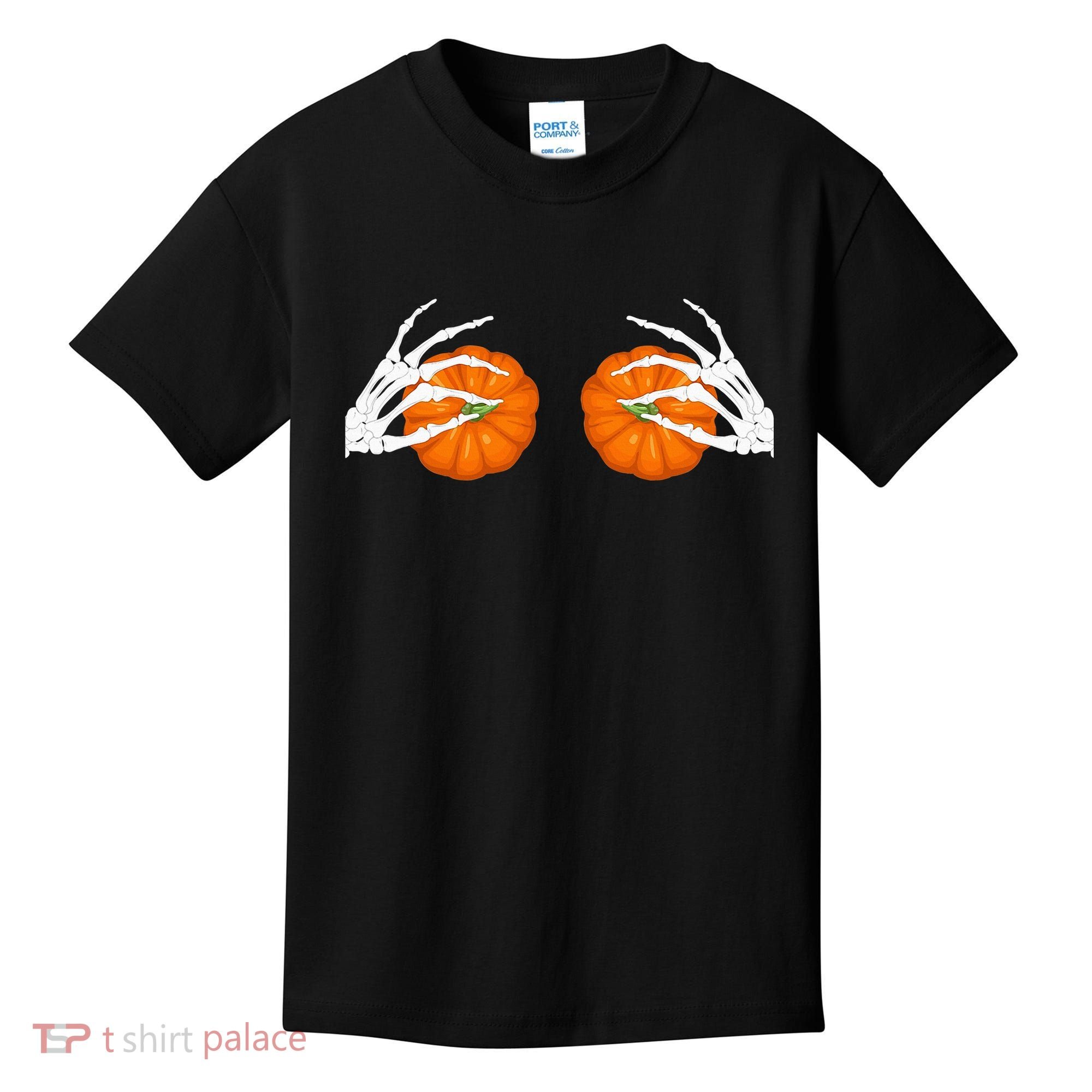 Halloween Bikini Boob Pumpkin Skeleton Hand On Breast Kids T-Shirt