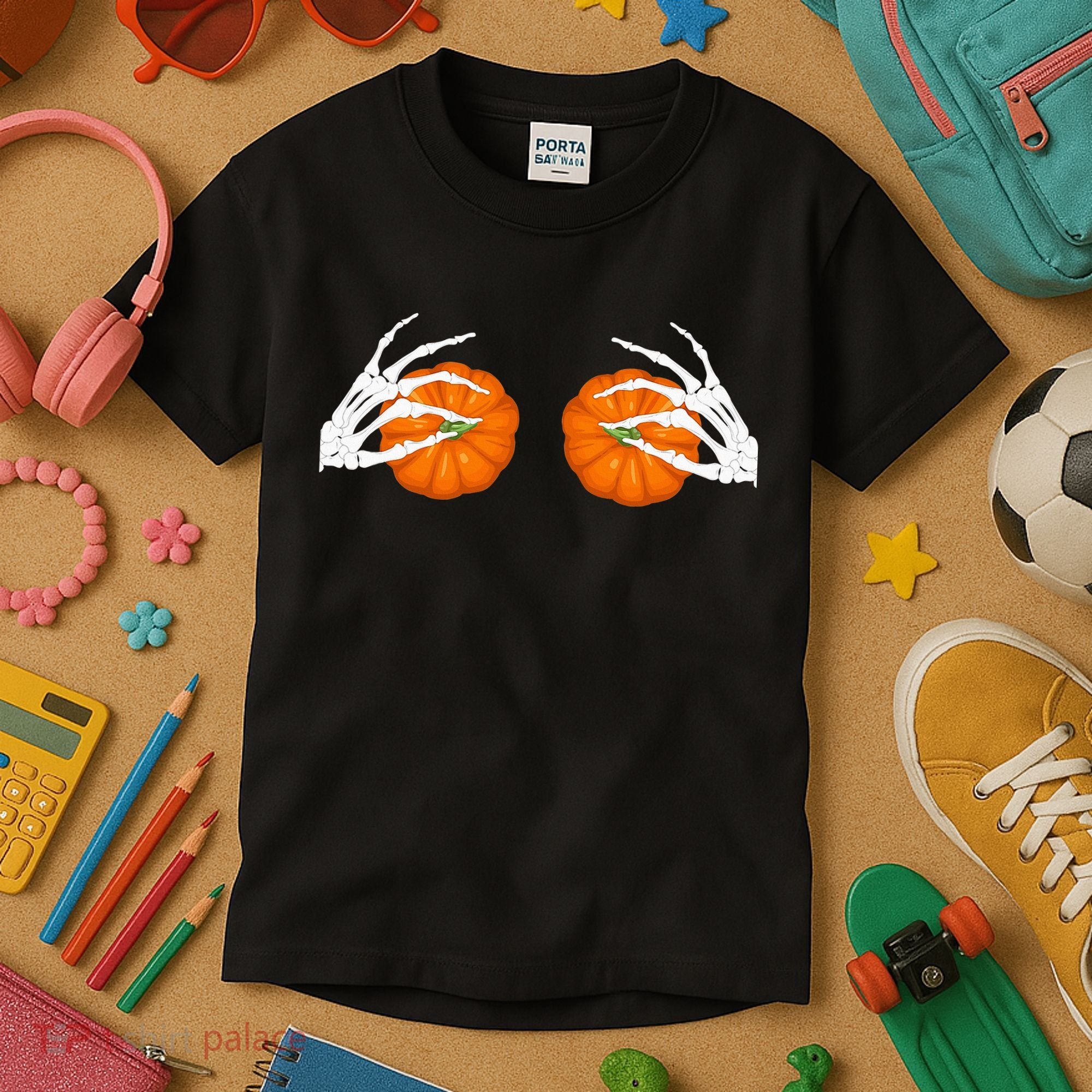 Halloween Bikini Boob Pumpkin Skeleton Hand On Breast Kids T-Shirt