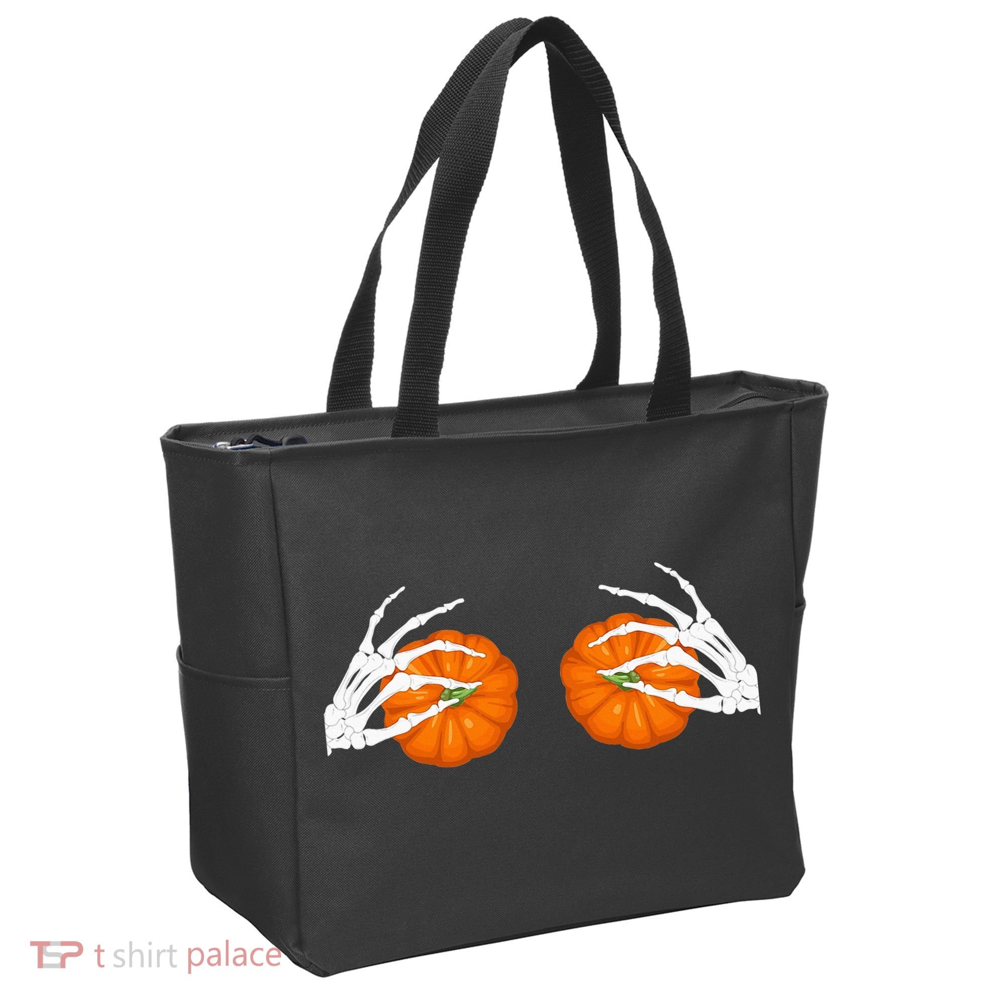 Halloween Bikini Boob Pumpkin Skeleton Hand On Breast Tote Bag