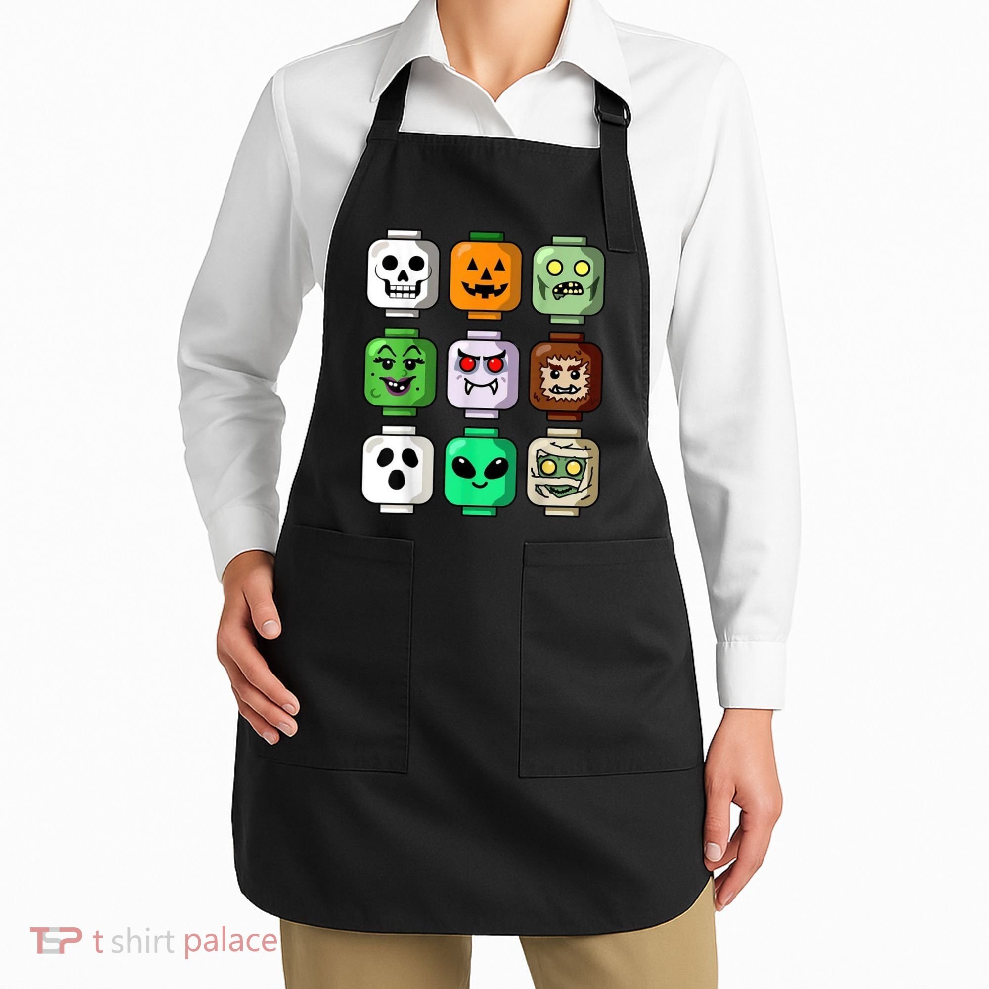 Halloween Building Brick Head Pumpkin Ghost Zombie Apron
